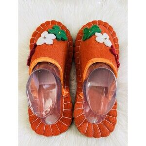 Funky Handmade Orange Wool Felt Slipper House Shoes Floral Applique Boho Sz 9/10